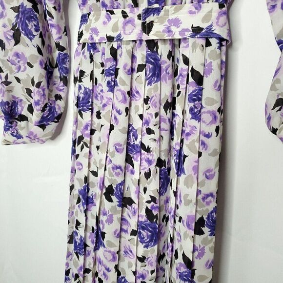 Vintage Leslie Fay Floral Blouson Pleated Dress 12 Petite Purple Secretary Belt - Picture 3 of 8